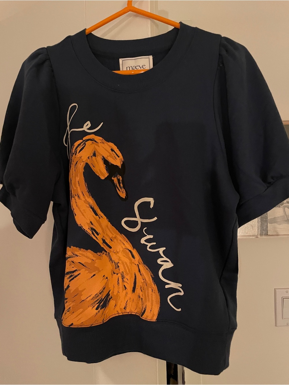 Maeve Navy Blue Sweater with Orange Swan Graphic